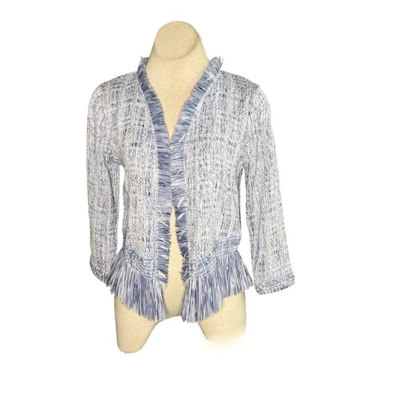 White House Black Market Blue Opal Fringe Jacket Open Drape Size Small - Picture 2 of 9